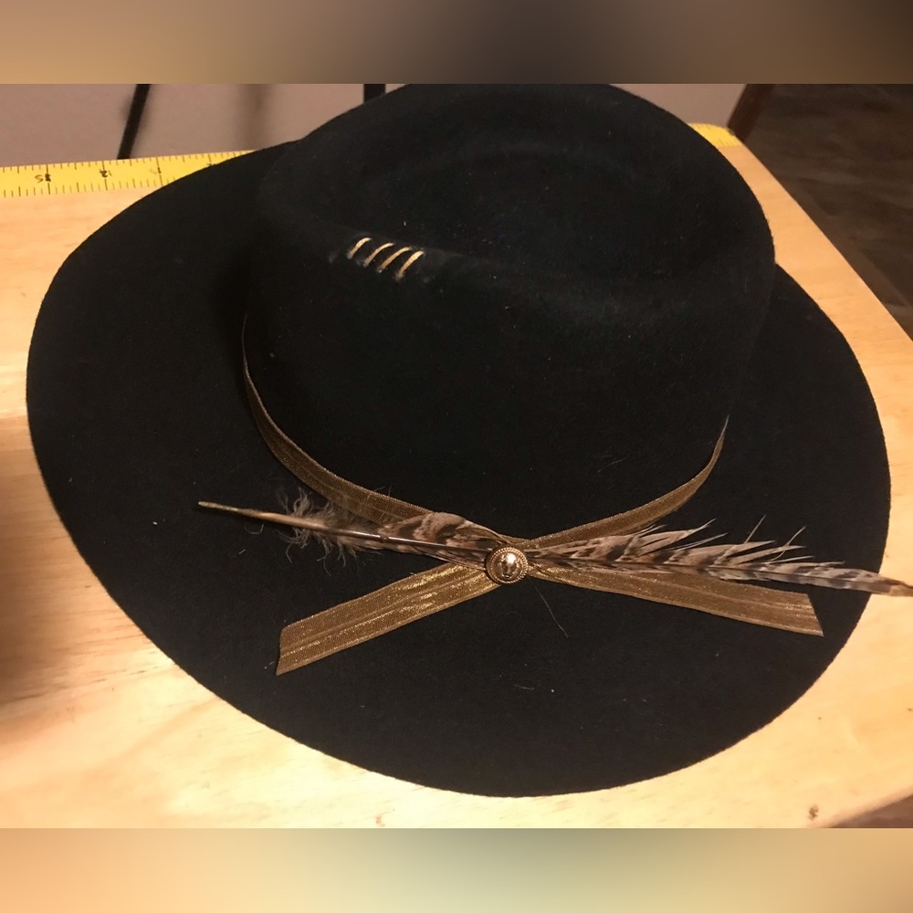 100% wool black rancher hat upcycled  golden ribbon button and feather.